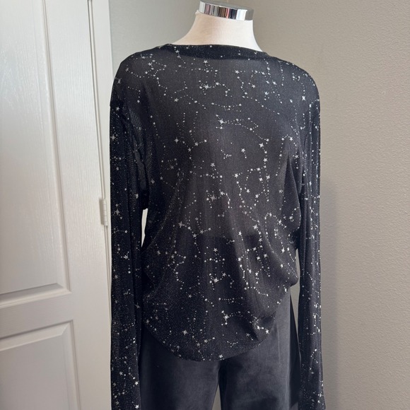 Mesh Top Long Sleeve Star Print Sheer See Through Blouse - Picture 1 of 5